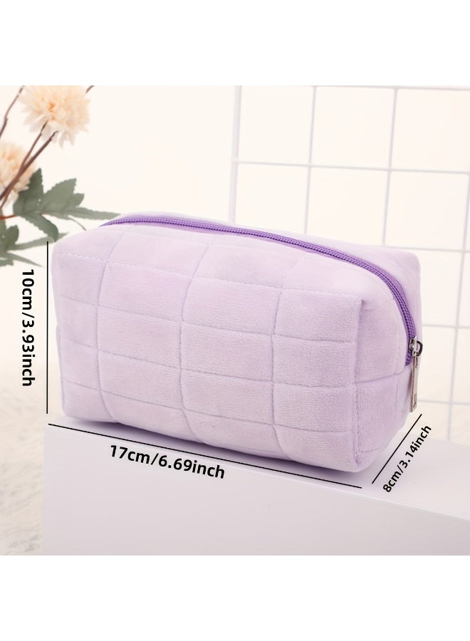 JUMEI Plush Makeup Bag, Cosmetic Bag for Women, Zipper Large Solid Color Travel Toiletry Bag, Travel Makeup Toiletry Washing Pouch (Purple) - Image 5